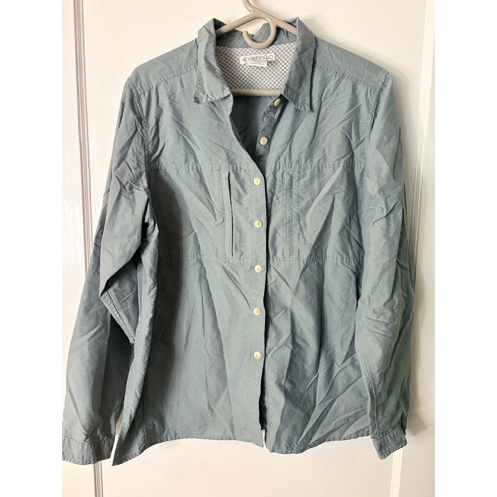 ExOfficio Womens XL Blue Gray Hiking Travel Button Down Roll Tab Sleeve Shirt
